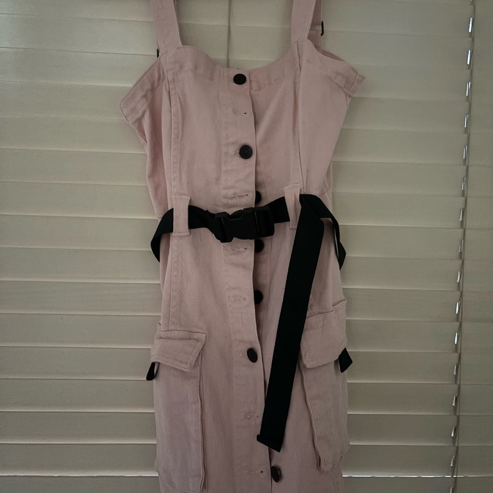 Pink Button-Down Dress with Black Belt